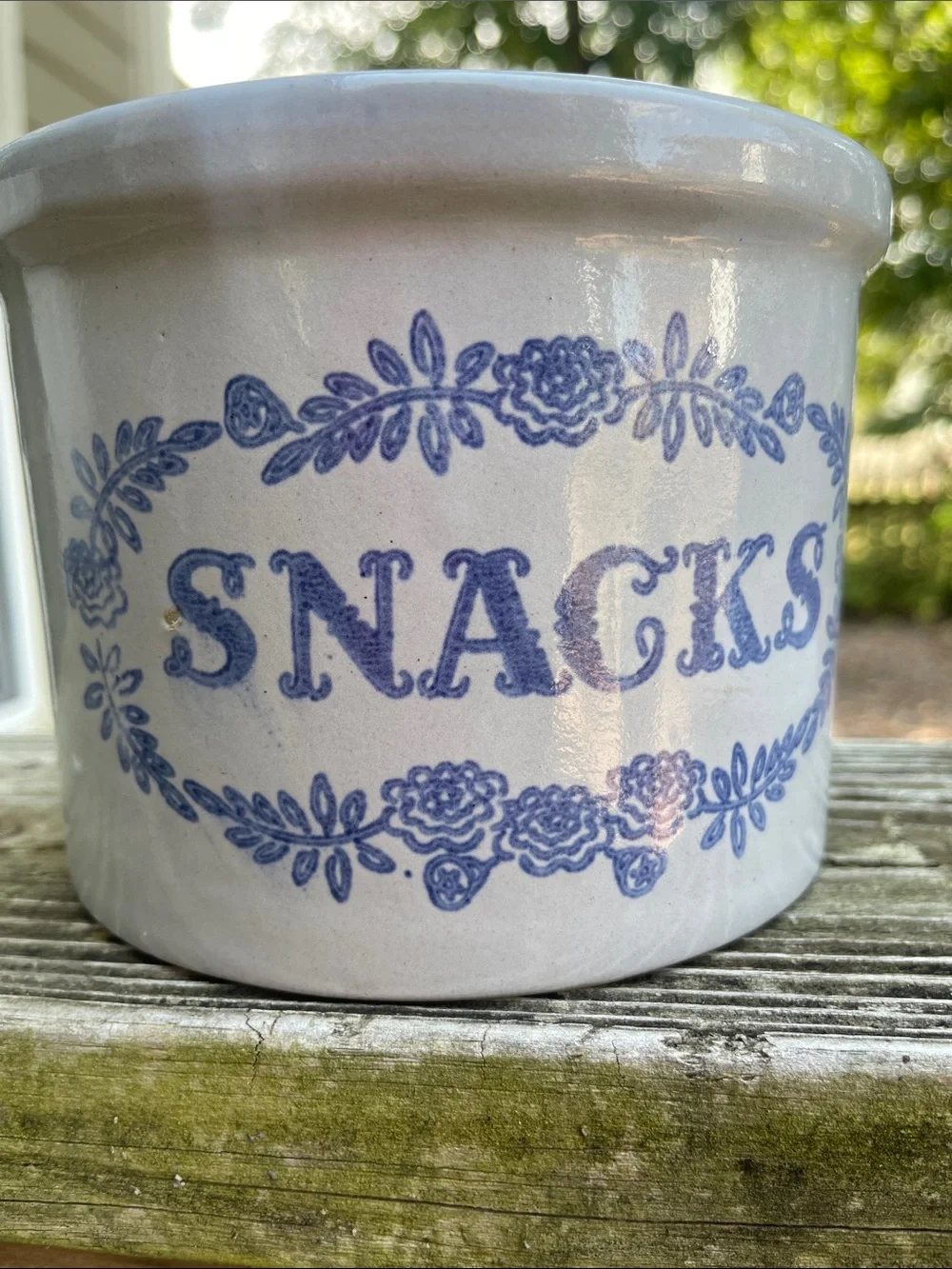 Vintage Grey Stoneware Snacks Crock Blue Floral